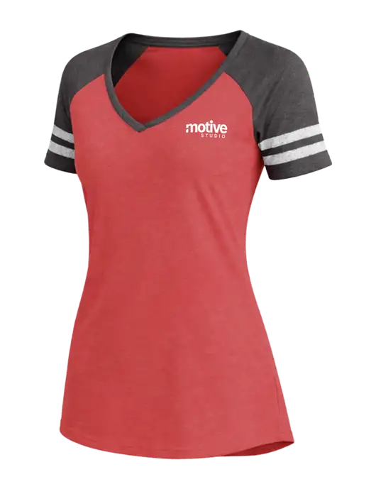 Womens Red Heather/Charcoal Heather V-Neck Game Tee w/Motive Studio Logo