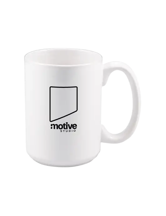 15 oz White Ceramic Mug w/Motive Studio Logo
