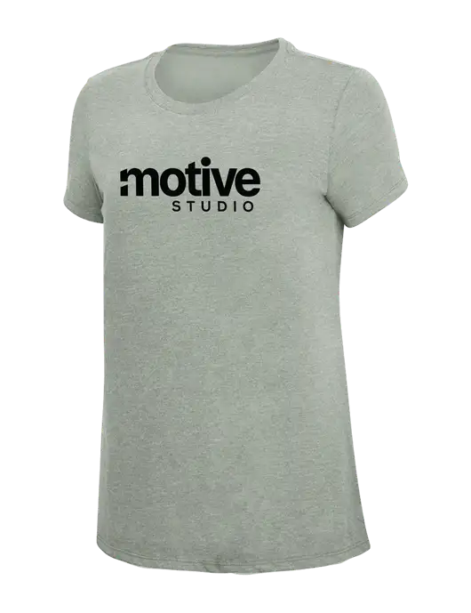 Womens Simply Soft Heathered Light Grey 4.5oz Poly/Combed Ring Spun Cotton T-Shirt w/Motive Studio Logo