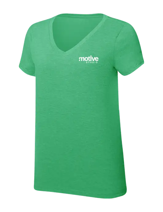 Womens Simply Soft V-Neck Green Frost 4.5oz  Poly/Combed Ring Spun Cotton T-Shirt w/Motive Studio Logo