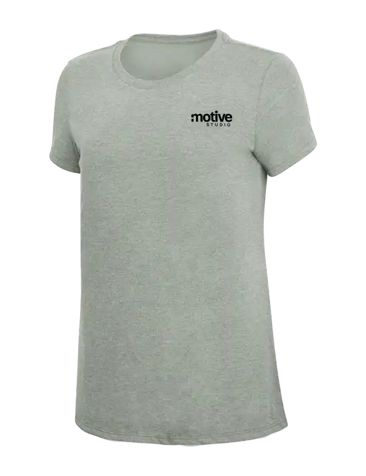 Womens Simply Soft Heathered Light Grey 4.5oz Poly/Combed Ring Spun Cotton T-Shirt w/Motive Studio Logo