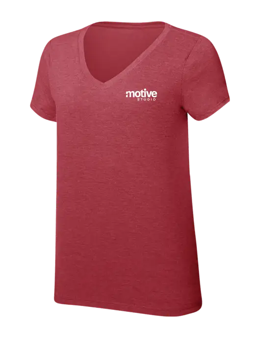 Womens Simply Soft V-Neck Red Frost 4.5oz  Poly/Combed Ring Spun Cotton T-Shirt w/Motive Studio Logo