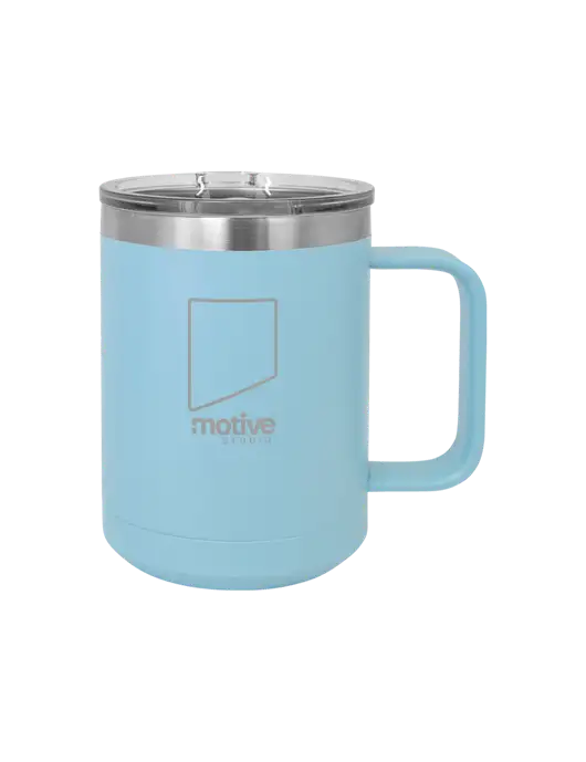 Polar Camel 15 oz Powder Coated Light Blue Vacuum Insulated Mug with Slider Lid w/Motive Studio Logo