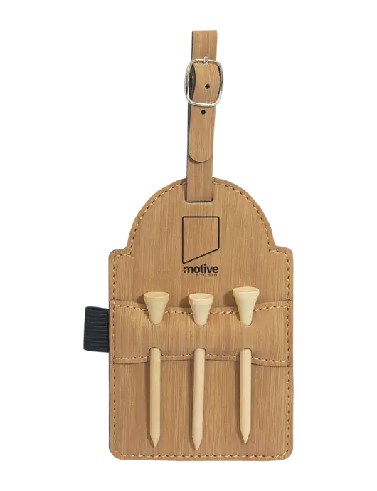 Bamboo Leatherette Golf Bag Tag with 3 Wooden Tees w/Motive Studio Logo
