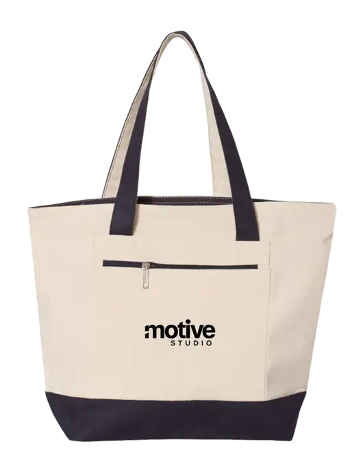 Natural/Navy Zippered Tote  w/Motive Studio Logo