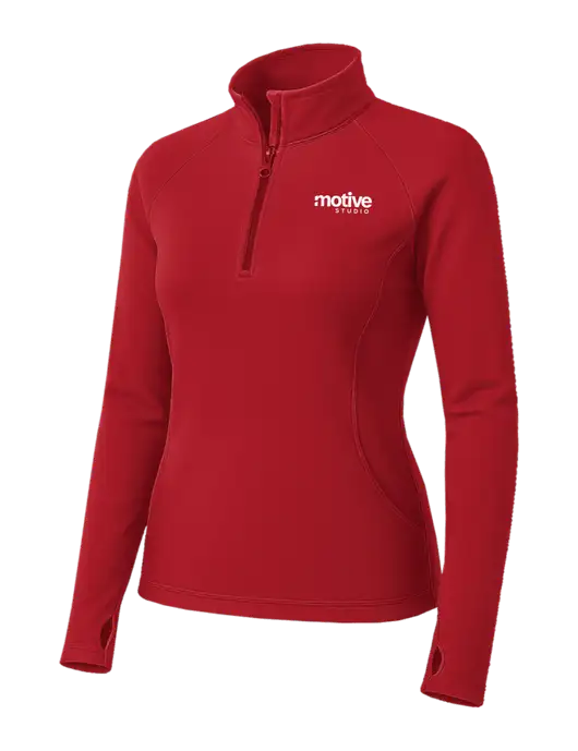 Red Womens Sport Wick Stretch 1/4 Zip Pullover w/Motive Studio Logo