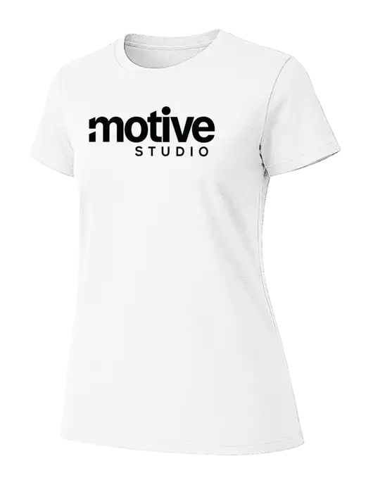 Womens Ring Spun White 4.5 oz T-Shirt w/Motive Studio Logo