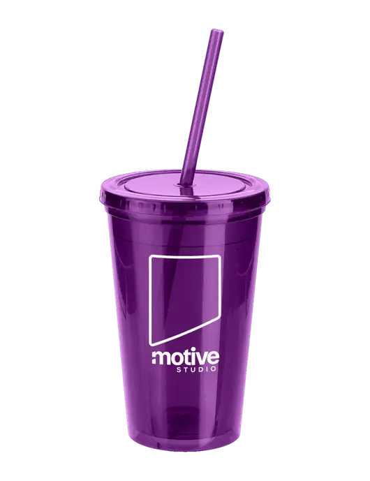 Sorrento Purple 16 oz Tumbler with Lid & Straw w/Motive Studio Logo