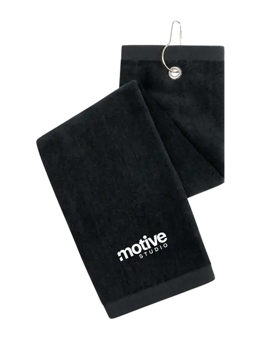 Black Tri-Fold Golf Towel with Grommet w/Motive Studio Logo