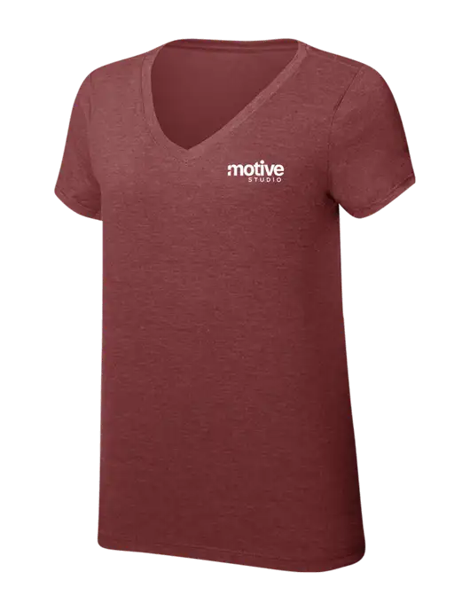 Womens Simply Soft V-Neck Maroon Frost 4.5oz  Poly/Combed Ring Spun Cotton T-Shirt w/Motive Studio Logo