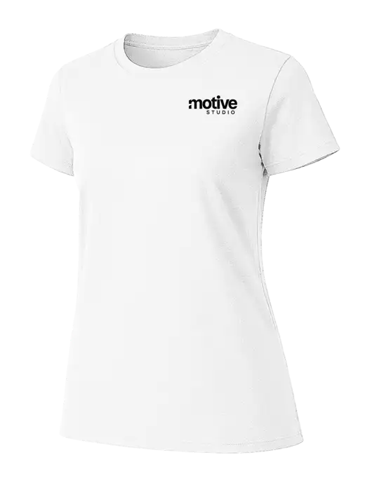 Womens Ring Spun White 4.5 oz T-Shirt w/Motive Studio Logo