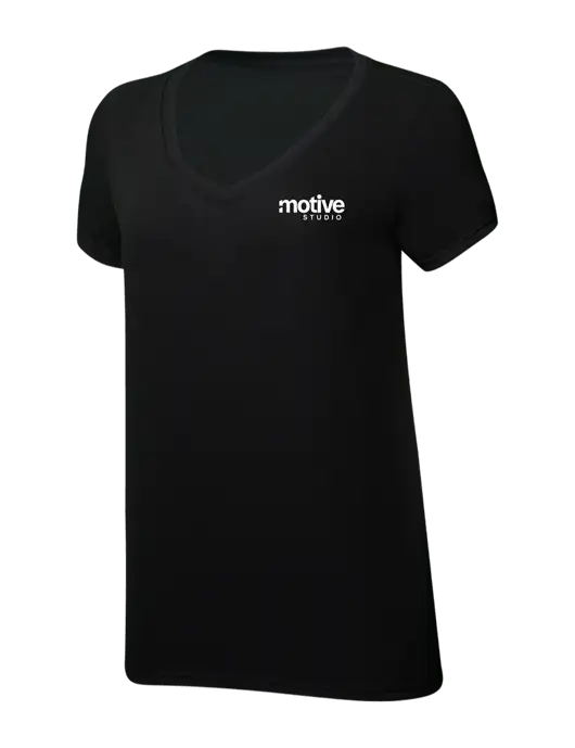 Womens Simply Soft V-Neck Black 4.5oz  Poly/Combed Ring Spun Cotton T-Shirt w/Motive Studio Logo