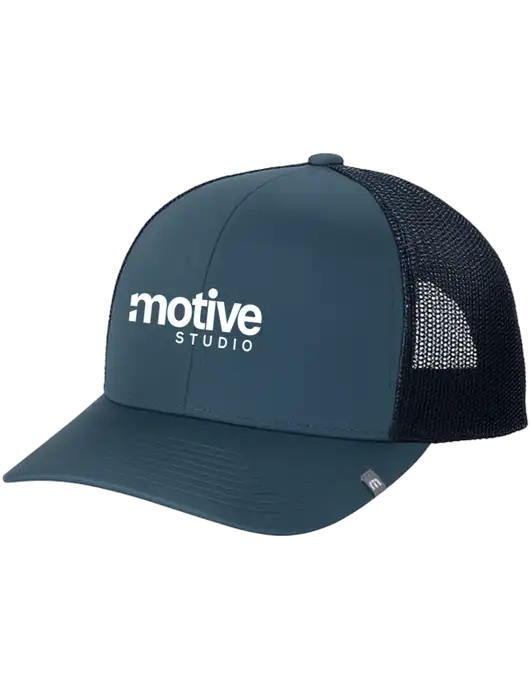 TravisMathew Dark Slate Blue Cruz Trucker Cap w/Motive Studio Logo