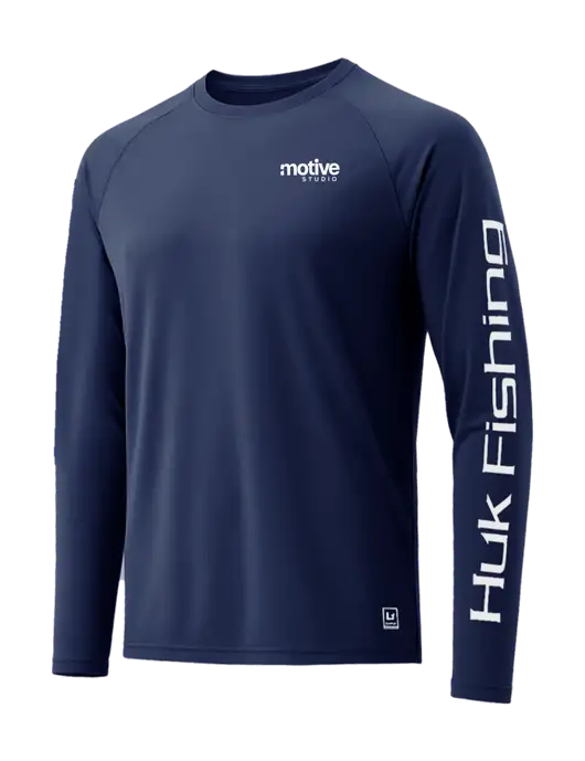 HUK Navy LoPro Pursuit Long Sleeve T-Shirt w/Motive Studio Logo