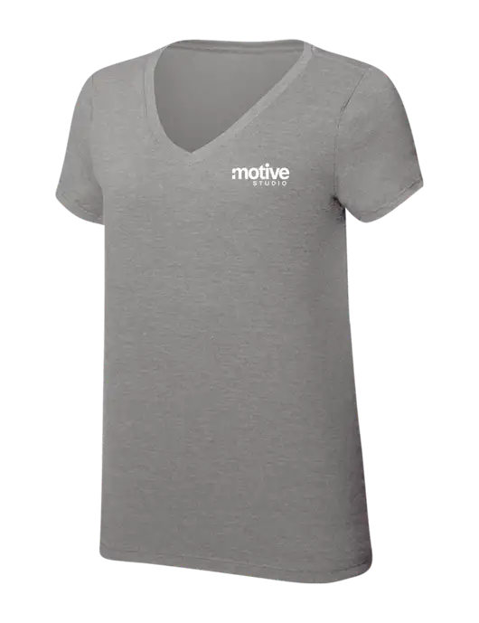 Womens Simply Soft V-Neck Grey Frost 4.5oz  Poly/Combed Ring Spun Cotton T-Shirt w/Motive Studio Logo