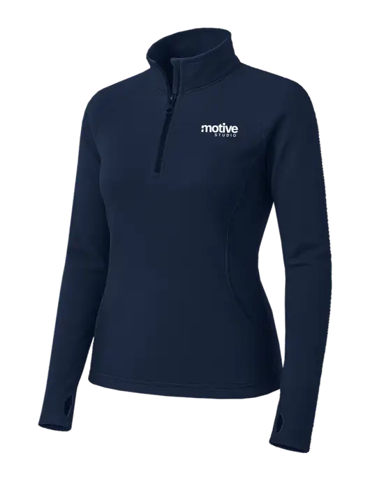 Navy Womens Sport Wick Stretch 1/4 Zip Pullover w/Motive Studio Logo