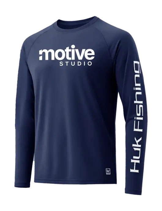 HUK Navy LoPro Pursuit Long Sleeve T-Shirt w/Motive Studio Logo