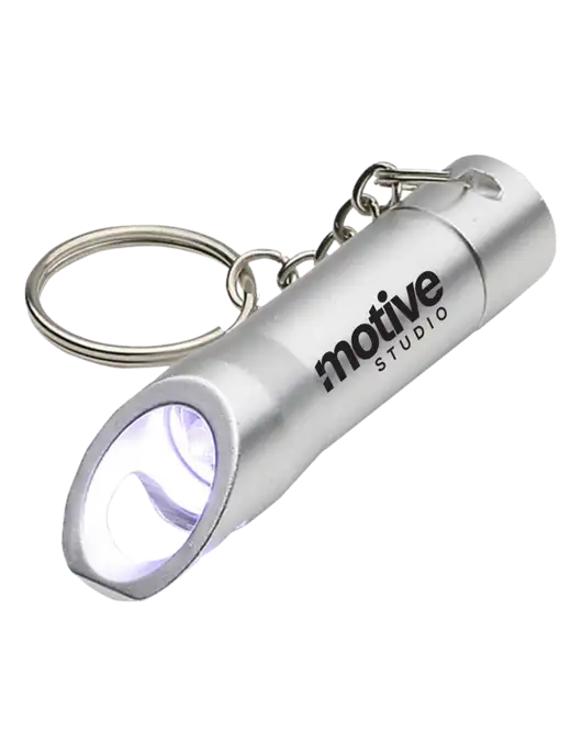 Silver Pocket LED Flashlight with Bottle Opener & Keychain w/Motive Studio Logo