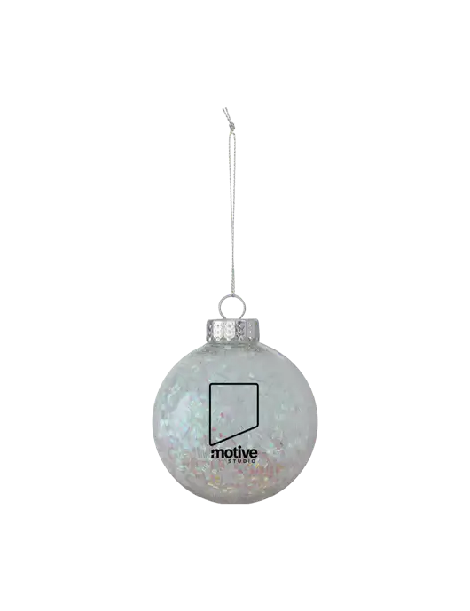 Light Silver Shimmer Sphere Ornament w/Motive Studio Logo