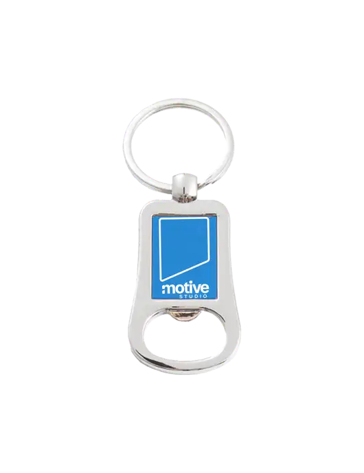 Silver & Blue Bottle Opener Keychain w/Motive Studio Logo