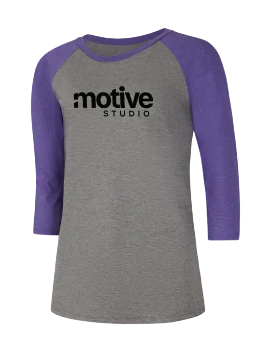 Womens Simply Soft 3/4 Sleeve Purple Frost/Grey Frost Ring Spun Cotton T-Shirt w/Motive Studio Logo