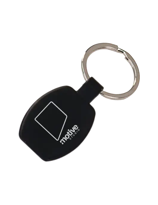 Black Laserable Rounded Rectangle Keychain w/Motive Studio Logo