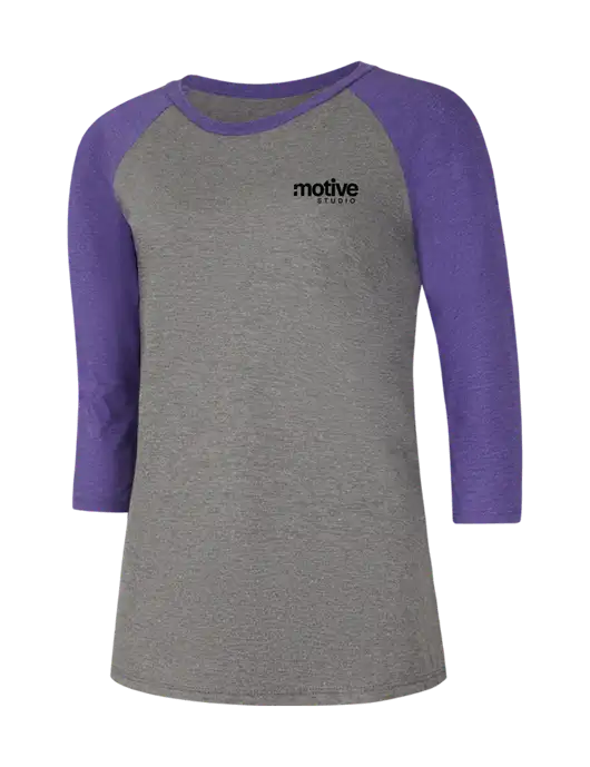 Womens Simply Soft 3/4 Sleeve Purple Frost/Grey Frost Ring Spun Cotton T-Shirt w/Motive Studio Logo
