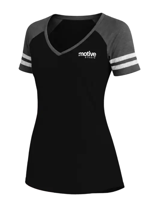 Womens Black/Charcoal Heather V-Neck Game Tee w/Motive Studio Logo