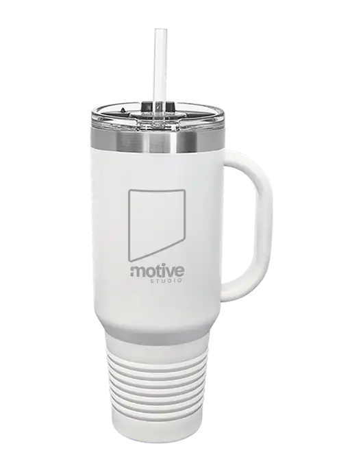 Polar Camel 40 oz. Powder Coated Vacuum Insulated White Travel Mug with Straw w/Motive Studio Logo