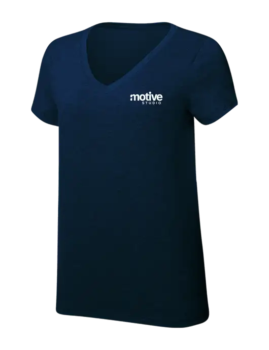 Womens Simply Soft V-Neck New Navy 4.5oz  Poly/Combed Ring Spun Cotton T-Shirt w/Motive Studio Logo