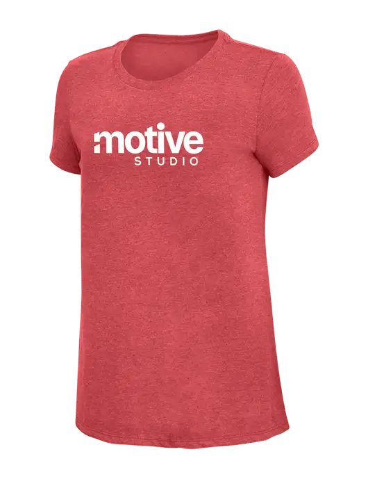Womens Simply Soft Red Frost 4.5oz Poly/Combed Ring Spun Cotton T-Shirt w/Motive Studio Logo
