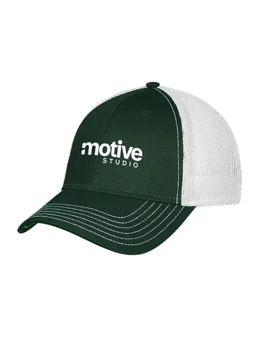 Dark Green/White Mesh Trucker Cap Snap Back w/Motive Studio Logo