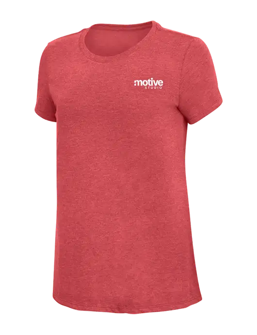 Womens Simply Soft Red Frost 4.5oz Poly/Combed Ring Spun Cotton T-Shirt w/Motive Studio Logo