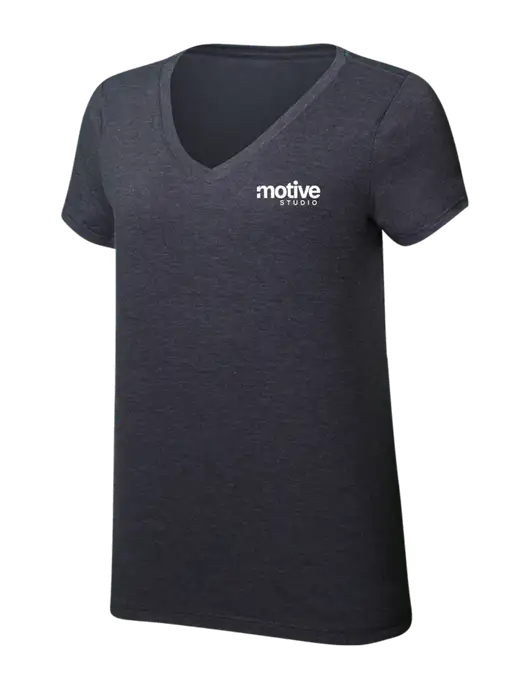 Womens Simply Soft V-Neck Heather Charcoal 4.5oz  Poly/Combed Ring Spun Cotton T-Shirt w/Motive Studio Logo