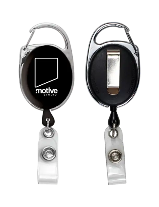 Black Carabiner Style Badge Reel and Badge Holder w/Motive Studio Logo