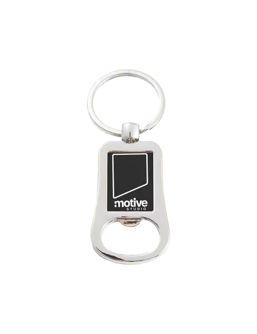 Silver & Black Bottle Opener Keychain w/Motive Studio Logo
