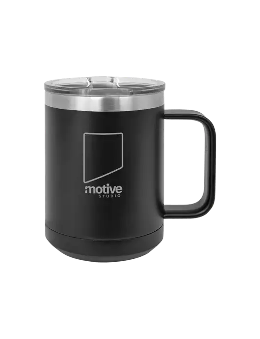 Polar Camel 15 oz Powder Coated Black Vacuum Insulated Mug with Slider Lid w/Motive Studio Logo