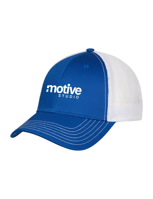 Royal & White Mesh Trucker Cap Snap Back w/Motive Studio Logo