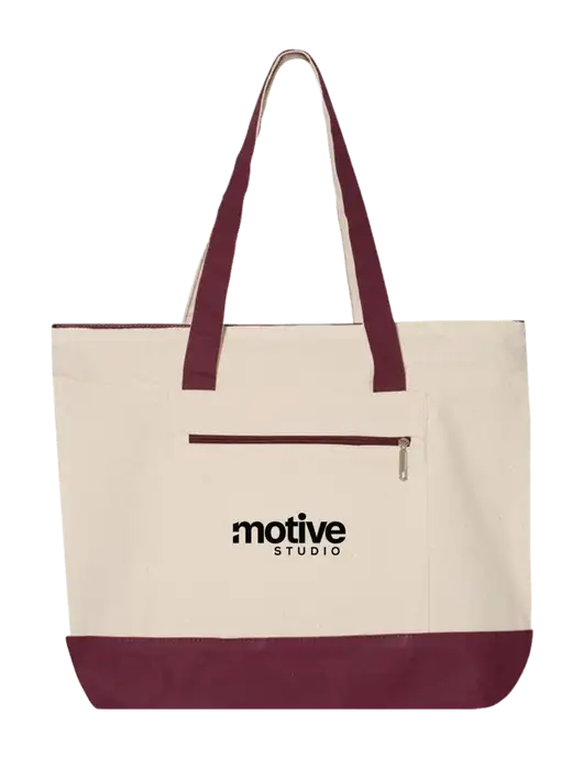 Natural/Maroon Zippered Tote  w/Motive Studio Logo