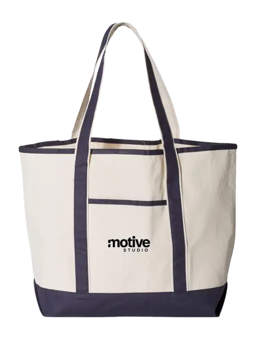 Natural/Navy Large Canvas Deluxe Tote w/Motive Studio Logo