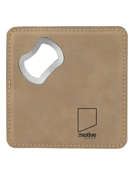 Tan Leatherette Bottle Opener Coaster w/Motive Studio Logo