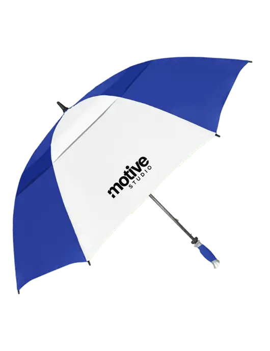 Royal/White Vented Typhoon Tamer Golf Umbrella w/Motive Studio Logo