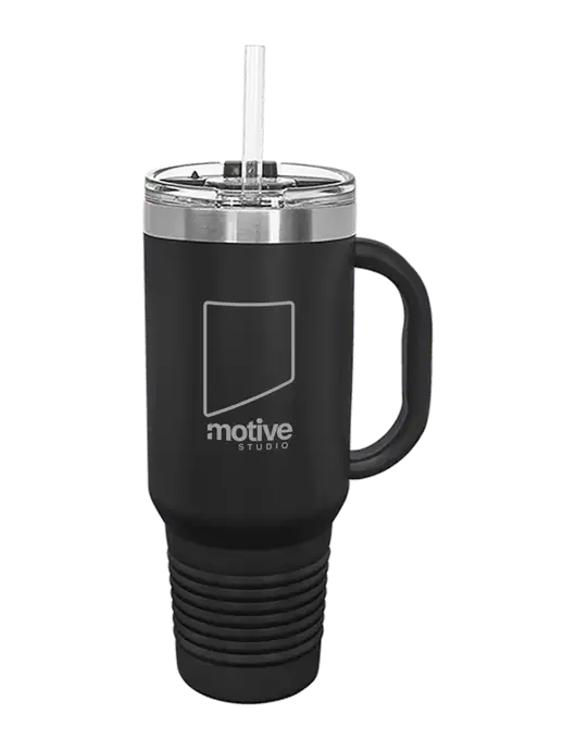 Polar Camel 40 oz. Powder Coated Vacuum Insulated Black Travel Mug with Straw w/Motive Studio Logo