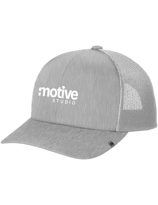 TravisMathew Light Medium Grey Heather Cruz Trucker Cap w/Motive Studio Logo