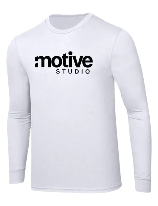 Simply Soft Long Sleeve White 4.5 oz, Poly/Combed Ring Spun Cotton T-Shirt w/Motive Studio Logo
