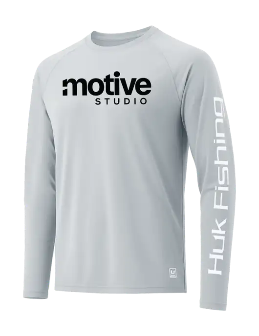 HUK Light Grey LoPro Pursuit Long Sleeve T-Shirt w/Motive Studio Logo