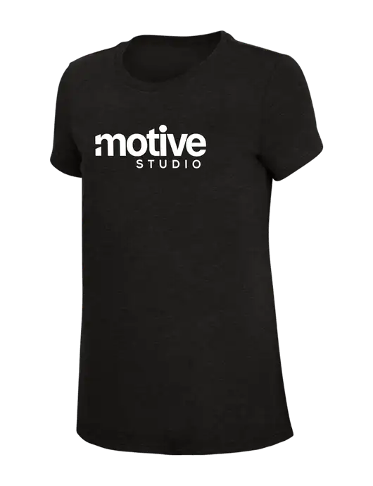 Womens Simply Soft Black 4.5oz Poly/Combed Ring Spun Cotton T-Shirt w/Motive Studio Logo