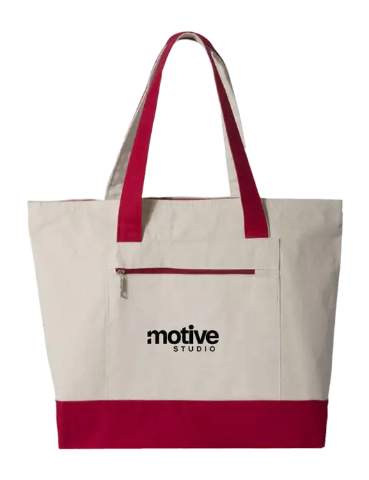 Natural/Red Zippered Tote  w/Motive Studio Logo