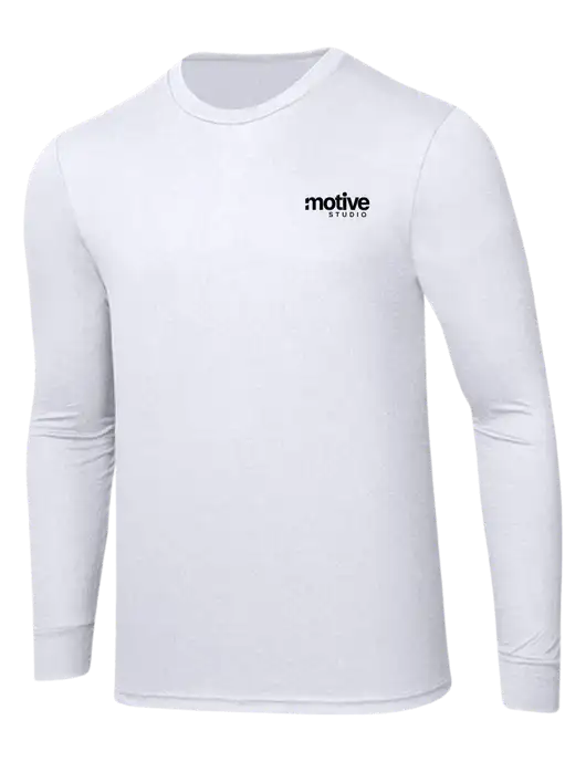 Simply Soft Long Sleeve White 4.5 oz, Poly/Combed Ring Spun Cotton T-Shirt w/Motive Studio Logo