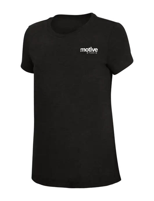 Womens Simply Soft Black 4.5oz Poly/Combed Ring Spun Cotton T-Shirt w/Motive Studio Logo